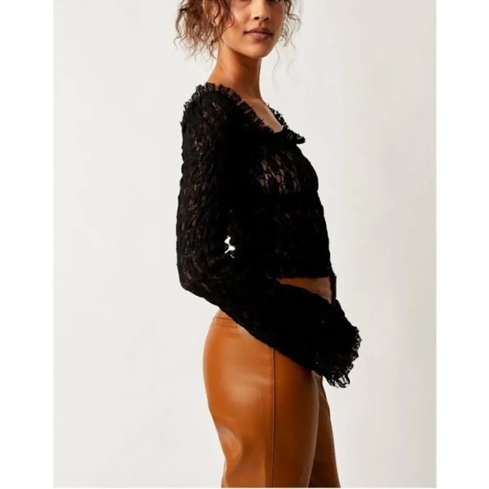 free people XS-S Madison Black Hook Eye Cropped Bell Sleeve Lace Top